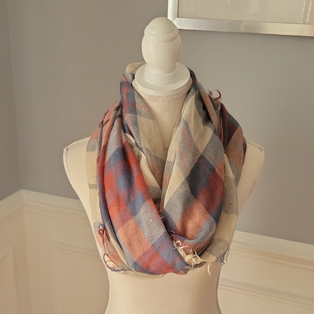 Brass Plum Infinity Scarf Blue, Red, Beige Plaid Women